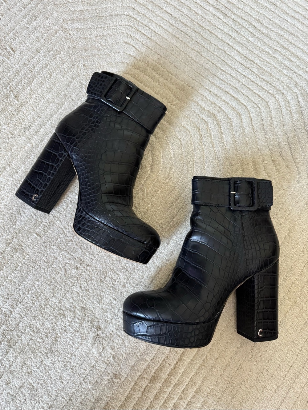Black Croc-Embossed Platform Ankle Boots - Women
